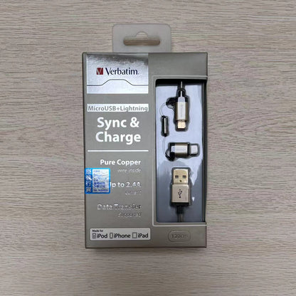 VERBATIM Micro USB 及 Lightning 2合1充電傳輸線 120cm #1163 ( 陳列品/瑕疵品特價出售 )